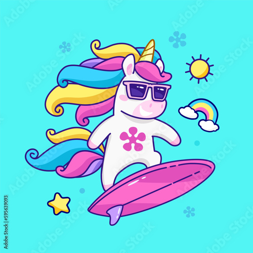 Cool Pony Unicorn ride on Surf Board card template. Fairy Pony Unicorn with neon rainbow hair make surfing. Funny Unicorn Pony for kids print design. Isolated vector illustrator
