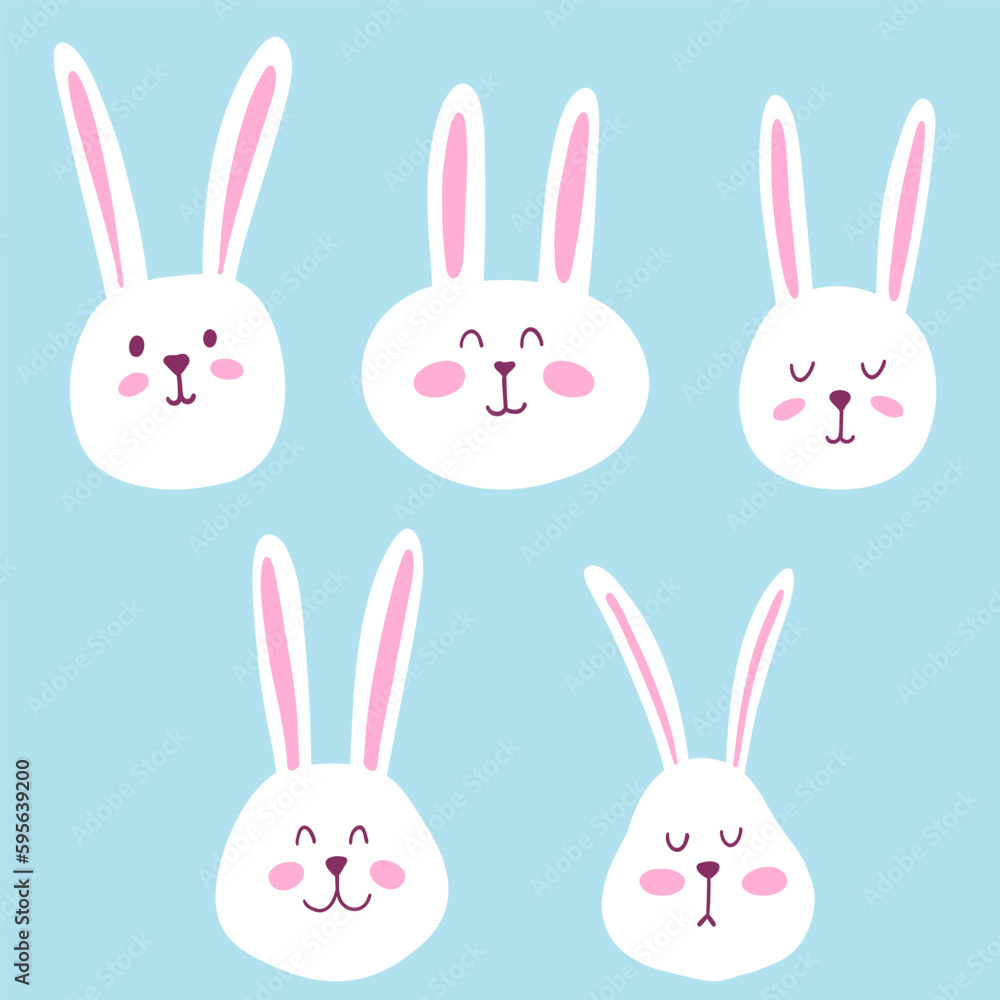 Set of cute funny rabbit face. Hand drawn vector Easter bunny face for card, kids design, print, logo, textile Set of cute funny rabbit face. Hand drawn vector Easter bunny face for card, kids design, print, logo, textile