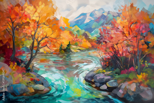 painting of a river with colorful leaves