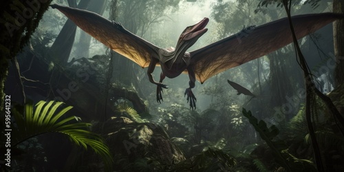 Fototapeta Naklejka Na Ścianę i Meble -  Pterodactyl prehistoric dinosaur in a dense jungle nature generative ai