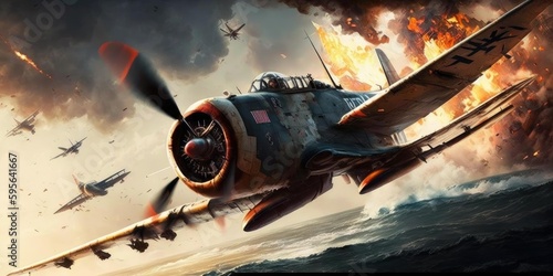 Fototapet World war II fighter plane battle in dogfight in the sky