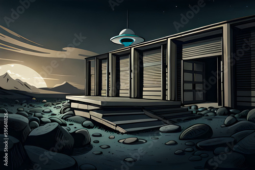 An image of an abandoned, dilapidated building with a UFO or extraterrestrial theme