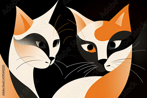 cartoon couple of cats with white hair, in the style of dark bronze and orange, elegant use of negative space