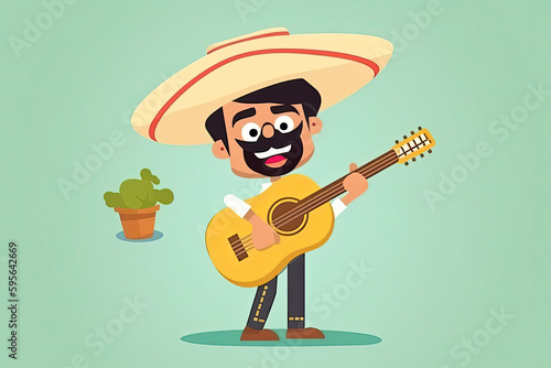 Cartoon Mexican man with guitar for Cinco De Mayo celebration