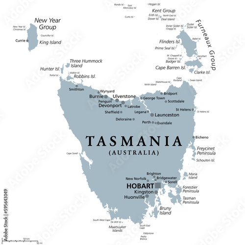 Tasmania, island state of Australia, gray political map. Located south of the Australian mainland, surrounded by thousand islands, with the capital and largest city Hobart. Illustration. Vector.