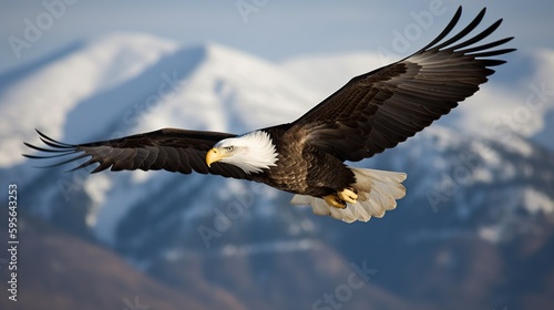 American bald eagle in flight with snow mountains background, AI concept