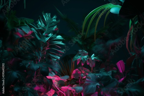 Neon toned backdrop of tropical foliage. Generative AI