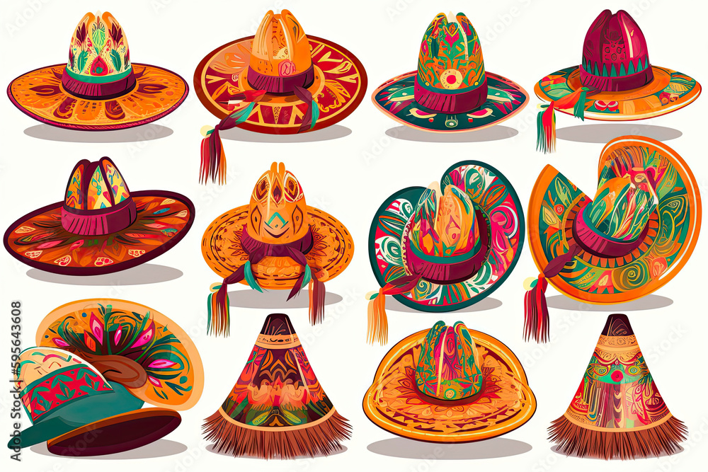 Cartoon Mexican sombrero, vector hats of mariachi musicians