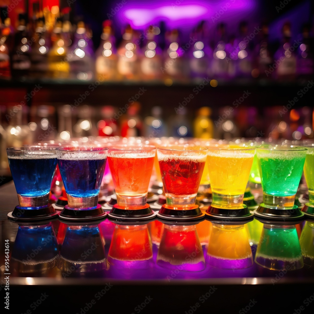 Bar counter with variety of colorful classes with alcoholic cocktails Bar counter with variety of colorful classes with alcoholic cocktails