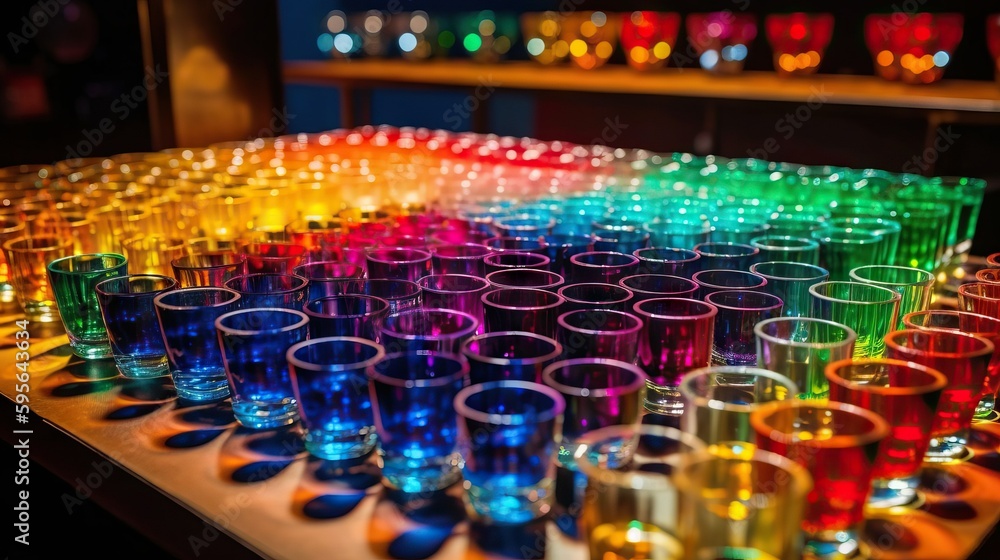 Obraz premium Bar counter with variety of colorful classes with alcoholic cocktails