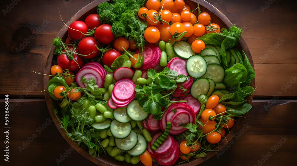 Colorful Veggie Salad from a Top-Down View - A Fresh and Healthy Meal Perfect for Summer Days, generative AI