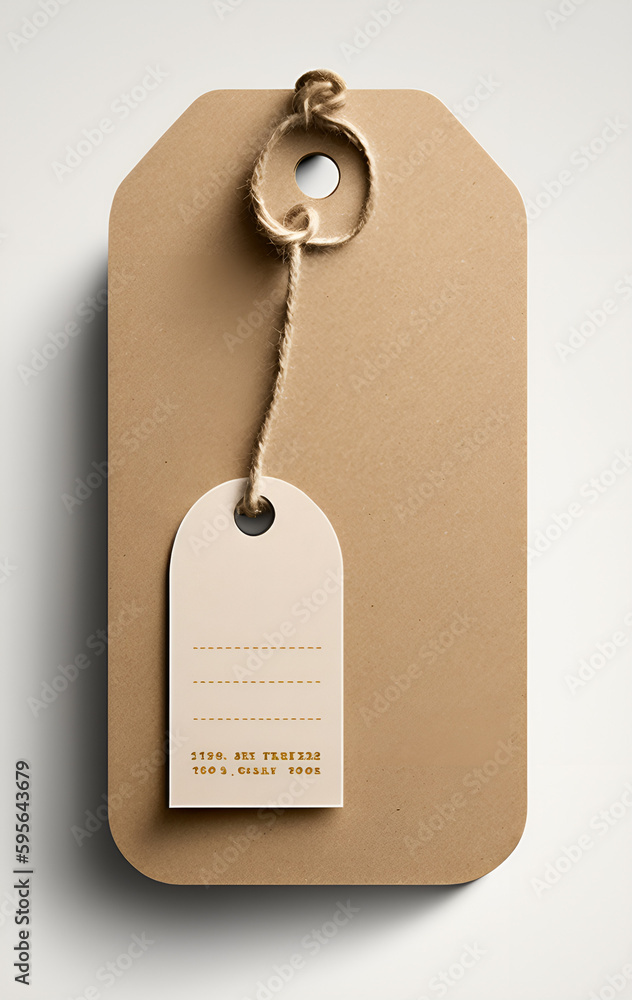 Ilustração do Stock: light brown cardboard hangtag for products or gift tag  mockup with off-white ribbon and golden detail, neutral isolated design  element, top view / flat lay with subtle shadow -