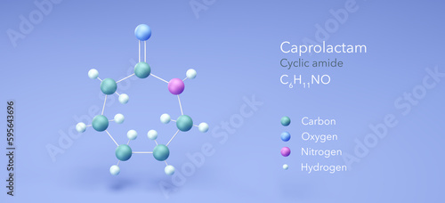 caprolactam molecule, molecular structures, cyclic amide, 3d model, Structural Chemical Formula and Atoms with Color Coding photo