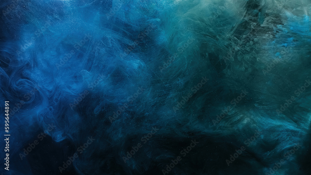 Color mist. Ink water. Haze texture. Fantasy night sky. Blue green shiny glitter steam cloud blend on dark black abstract art background. - obrazy, fototapety, plakaty 