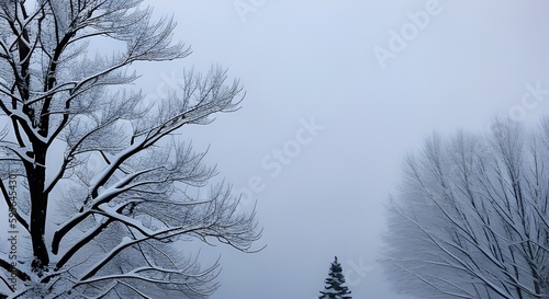 Tree branches under the snow, natural vintage winter background, seasonal weather concept Generative AI photo