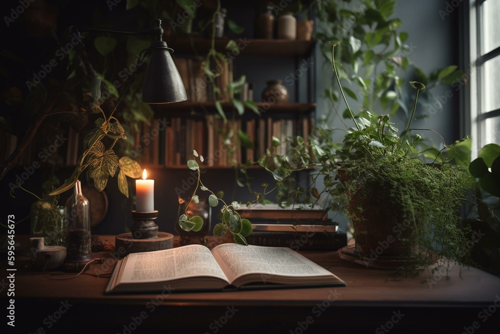 Charming book corner with plant decor. Generative AI