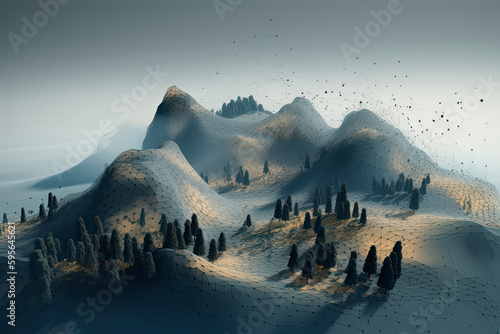 Digital landscape terrain made of dots, grid patterns and particles
