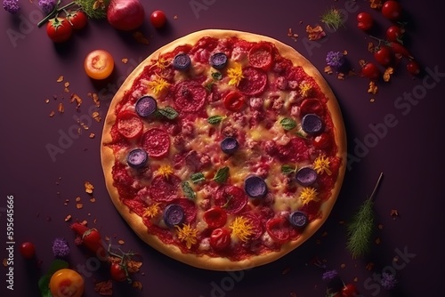 Hot pizza top view. Purple background isolated