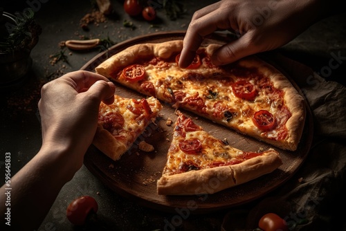 Pizza is delicious top view. A man's hand takes a slice of pizza.