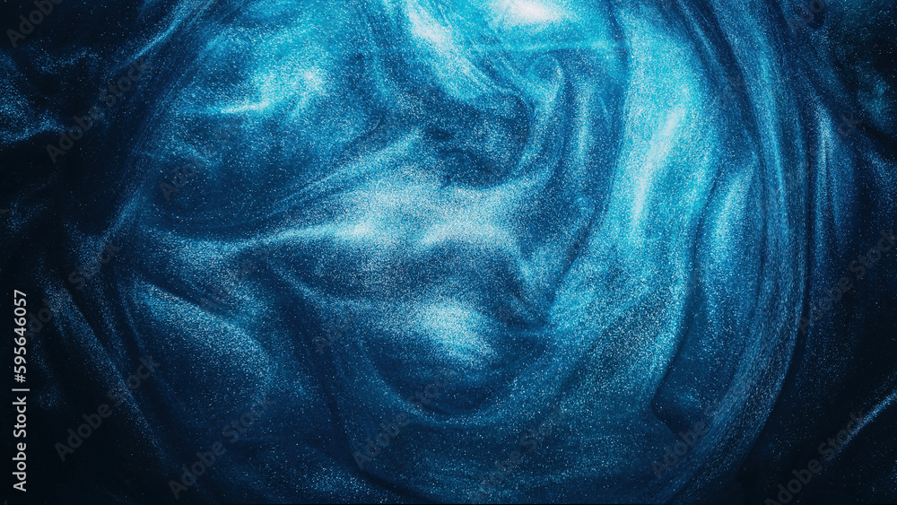 Glitter liquid. Paint water. Shiny swirl. Oracle sphere. Blue color glowing shimmering grain texture smoke cloud on dark black abstract art background. - obrazy, fototapety, plakaty 