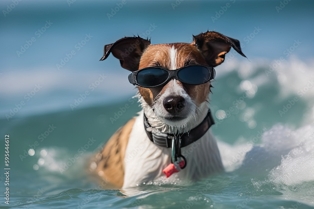 Jack russell dog  with sunglasses swimming in waves on ocean beach on summer vacation holidays, created with Generative AI.