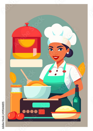 Culinary woman. The girl is cooking soup in the kitchen. Women's hobby. Food at home. Isolated on white background. Woman chef cooking.
