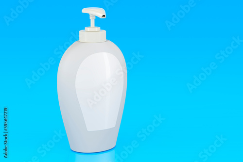 Soap bottle dispenser mockup on blue background, 3D rendering