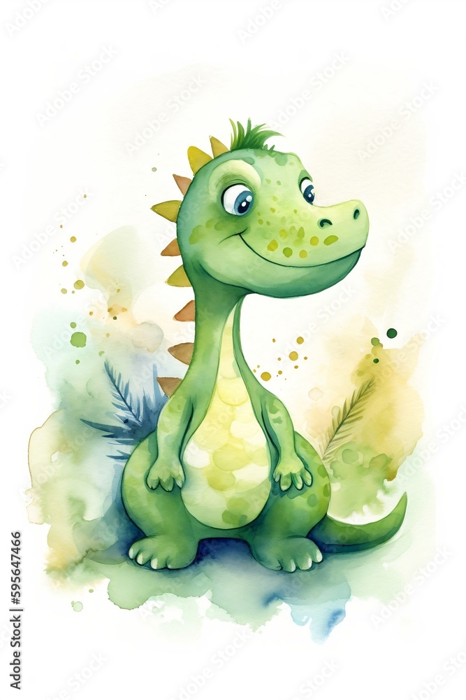 Fototapeta premium Watercolor cute baby dinosaur. Vector Illustration. Nursery Art. Wall Art. White Background. Generative AI