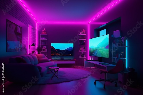 Gamer room with RGB lights  neon colors. Gamer Streamer space. Modern workspace with computer on the desk. Generative AI.