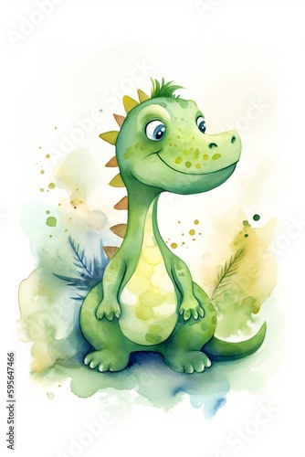 Watercolor cute baby dinosaur. Vector Illustration. Nursery Art. Wall Art. White Background. Generative AI