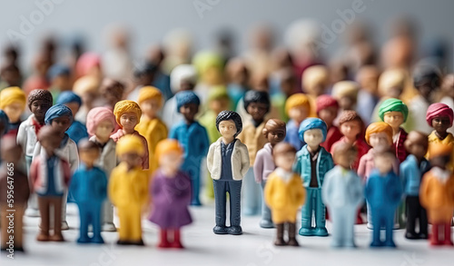 Miniature people figurines of international crowd f people of different ages, nationalities and religions together, freedom and protection of rights, created with Generative AI.