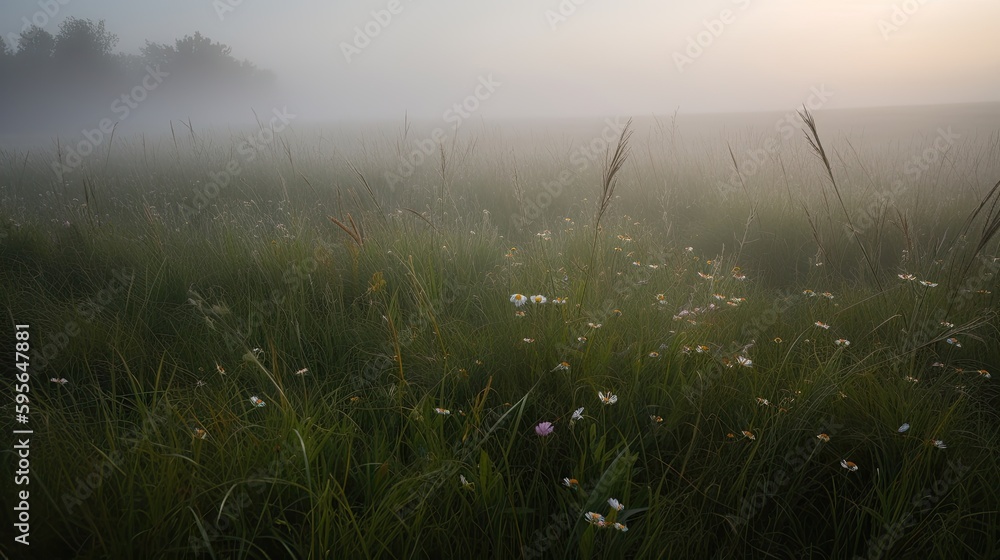 An atmospheric photo of a foggy spring morning in a field with dew-covered grass and emerging wildflowers. 