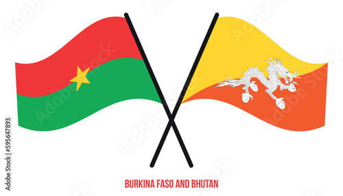 Burkina Faso and Bhutan Flags Crossed And Waving Flat Style. Official Proportion. Correct Colors.