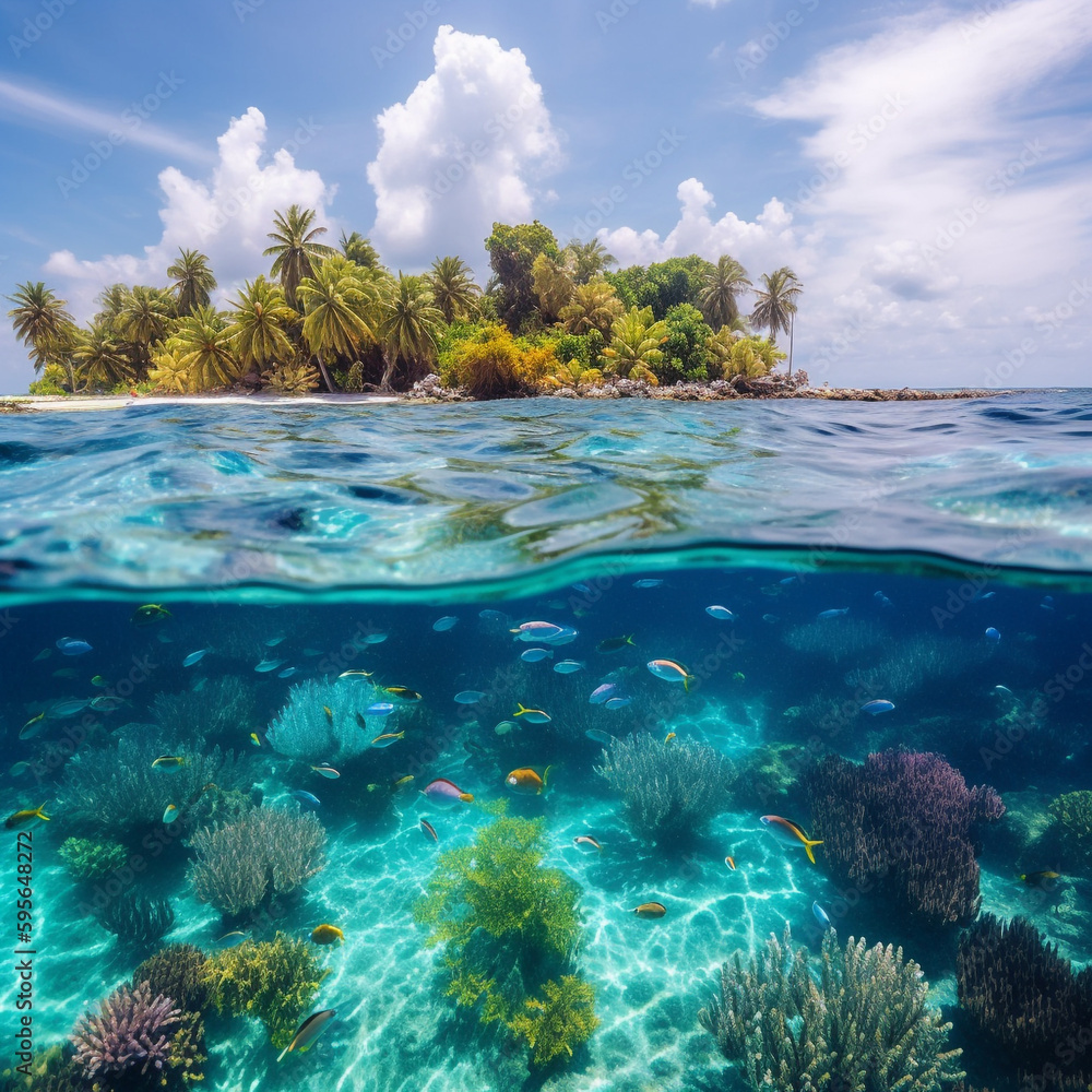 Naklejka premium Tropical island and cristal clear water of maldives. Half underwater . High quality photo