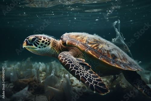 A sea turtle navigates plastic-filled waters. A symbol of ocean pollution. Generative AI