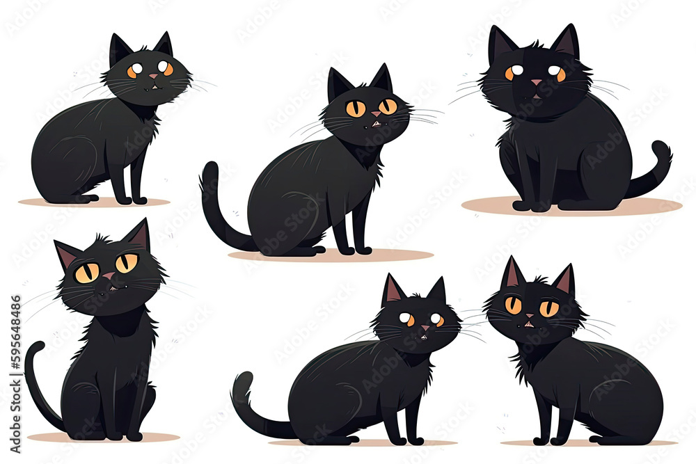 Funny black cat character in different poses isolated on a white background Funny black cat character in different poses isolated on a white background