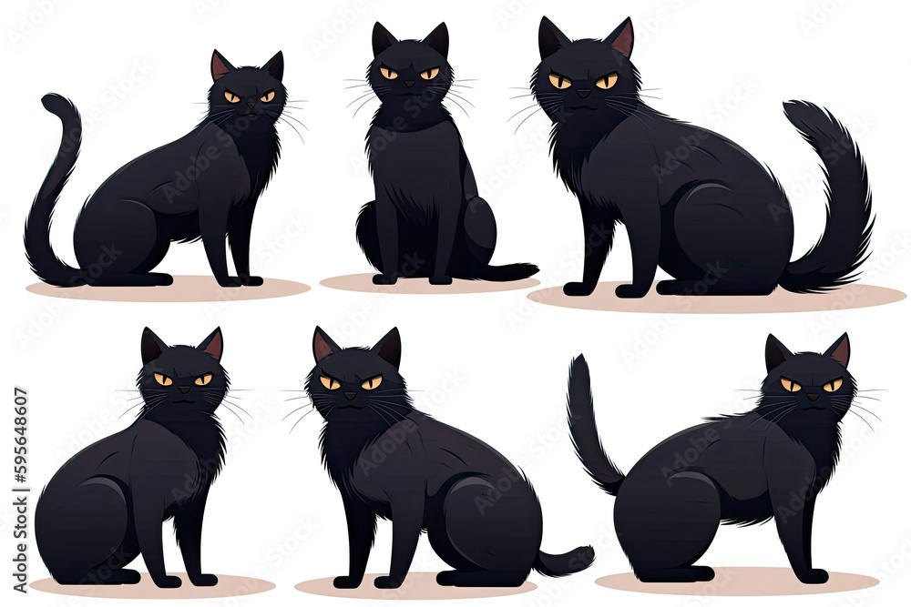 Fototapeta premium Funny black cat character in different poses isolated on a white background