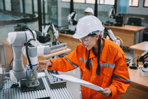 Caucasian female automation engineer checking robotic arm welding machine with blueprint, Specialist robot engineers maintenance and testing new innovation for industrial.