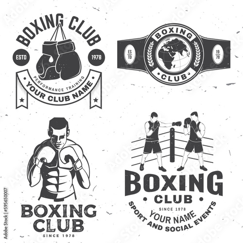 Set of Boxing club badge, logo design. Vector illustration. For Boxing sport club emblem, sign, patch, shirt, template. Vintage monochrome label, sticker with Boxer, gloves and ring Silhouette.