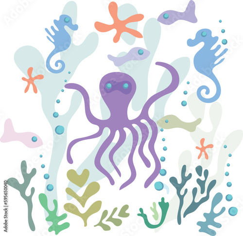 Lilac octopus in the underwater world among corals  starfish and seahorses. Vector image.