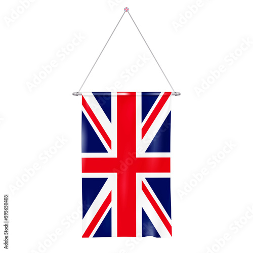 Pinned rectangular pennant flag of Great Britain on metal pole isolated on white background realistic vector. Hanging United Kingdom flag on push pin