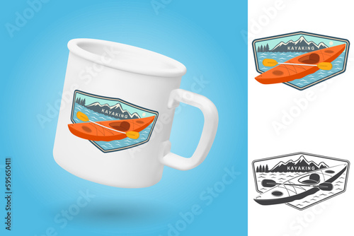 White camping cup. Realistic mug mockup template with sample design. Kayaking patch or sticker. Vector. Concept for shirt or logo, print, stamp or tee. Vintage typography design with kayak and