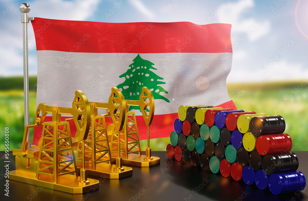 The Lebanon's petroleum market. Oil pump made of gold and barrels of metal. The concept of oil production, storage and value. Lebanon flag in background. 3d Rendering. The Lebanon's petroleum market. Oil pump made of gold and barrels of metal. The concept of oil production, storage and value. Lebanon flag in background. 3d Rendering.