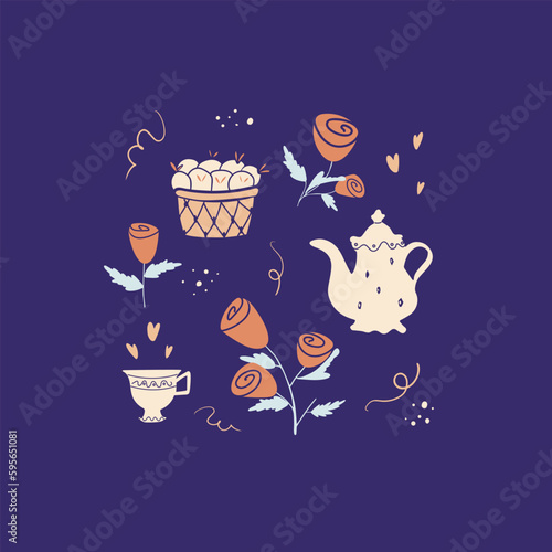 Set of isolated elements tea set, rose flowers, basket with berries. Tea time. A hand-drawn set of flat-style tea ceremony elements. Stylish vector set.