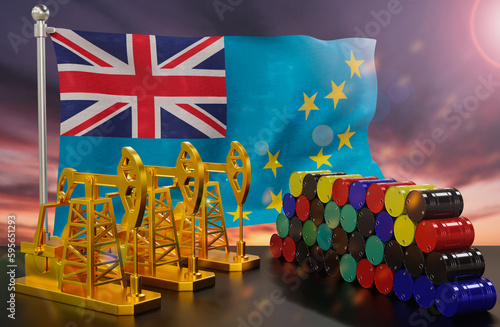 The Tuvalu's petroleum market. Oil pump made of gold and barrels of metal. The concept of oil production, storage and value. Tuvalu flag in background.  3d Rendering. photo