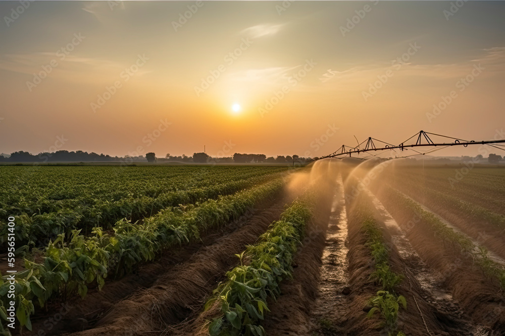 Irrigation system on agricultural soybean field - obrazy, fototapety, plakaty 