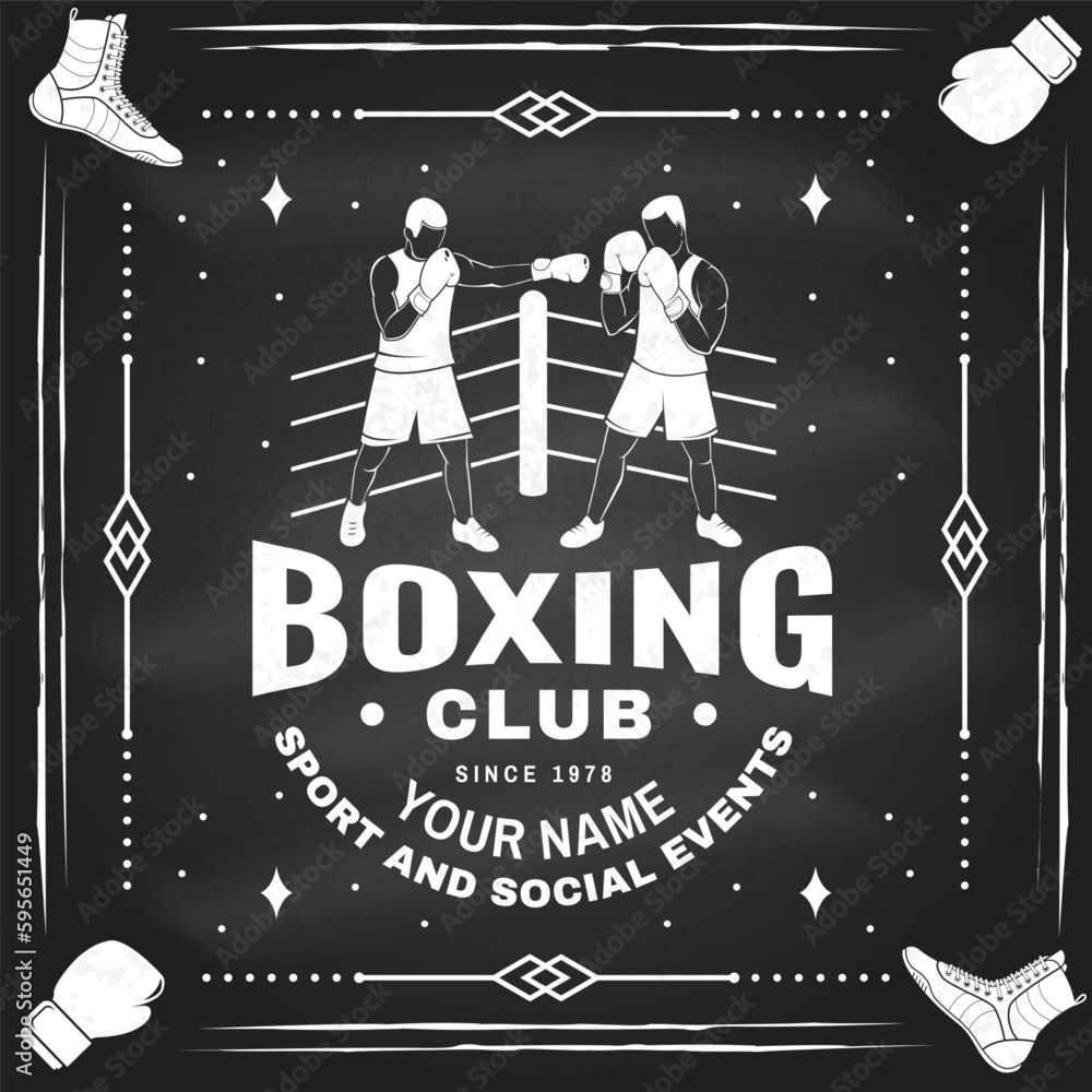 Obraz premium Boxing club badge, logo design on chalkboard. Vector illustration. For Boxing sport club emblem, sign, patch, shirt, template. Vintage monochrome label, sticker with Boxer Silhouette.