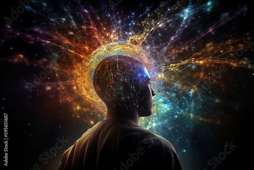 State of mind concept. Consciousness is a fundamental and ubiquitous aspect of the universe. Man portrait dark silhouette and consciousness represents colorful universe and space. Generative AI