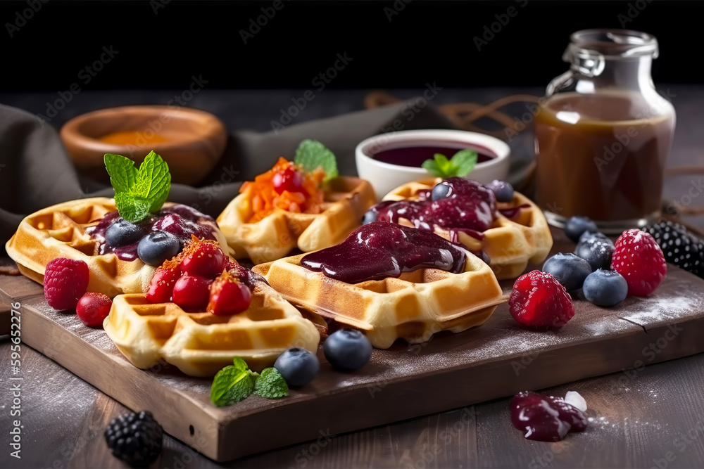 Belgian waffles on a wooden board with ripe berries and jam. Generative AI illustration Belgian waffles on a wooden board with ripe berries and jam. Generative AI illustration