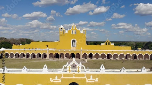 Aerial Drone Shot of Izamal Yucatan, Mexico. San Antonio de Padua Convent catholic church - Pueblo Magico photo